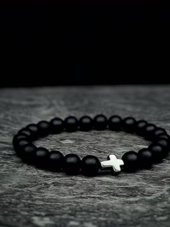 Faith Black Stone Bracelet Jewelry - #2515**Black Beaded Bracelet with White Cross Charm